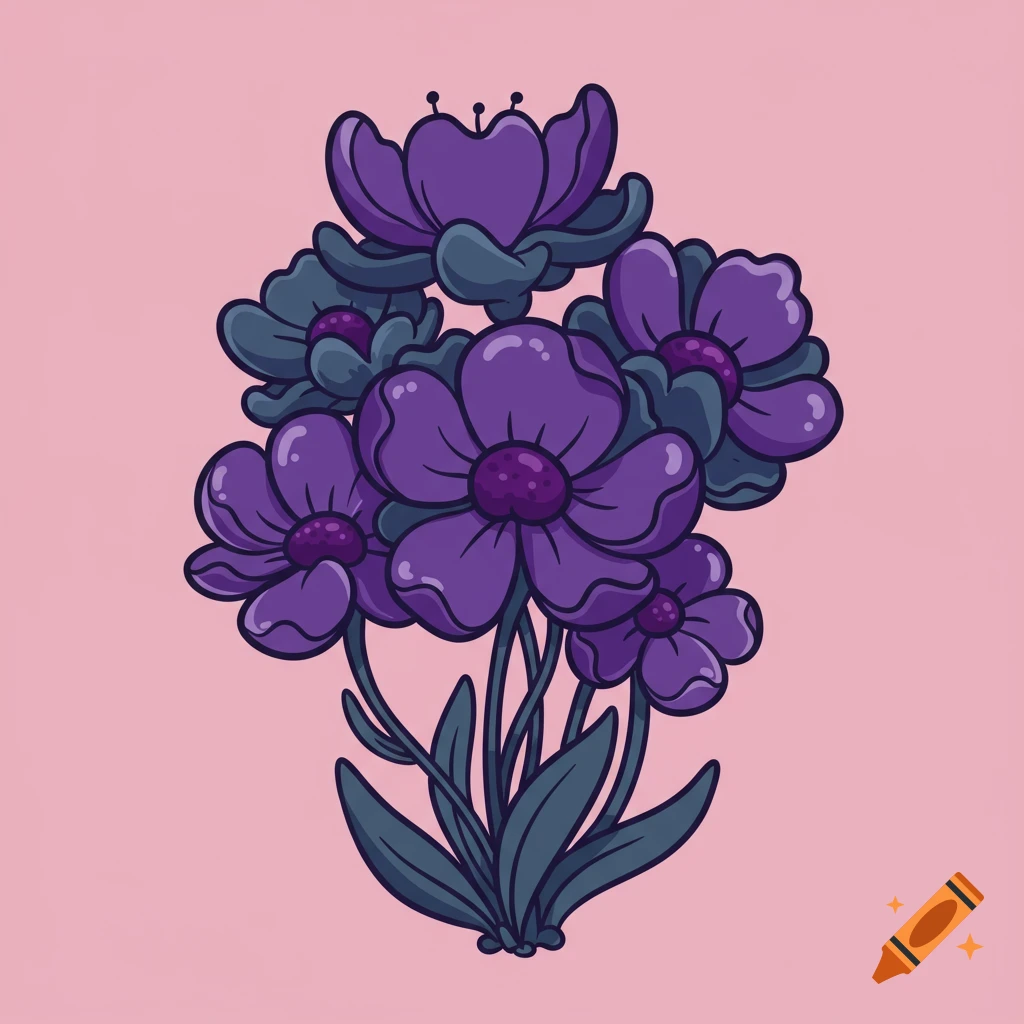 Cartoon illustration of purple and slate blue flowers on a pink background.