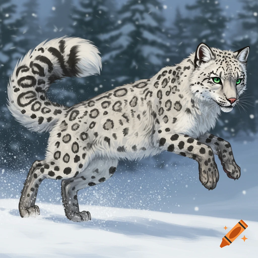 A snow leopard is captured in mid-air, leaping through a flurry of snow.