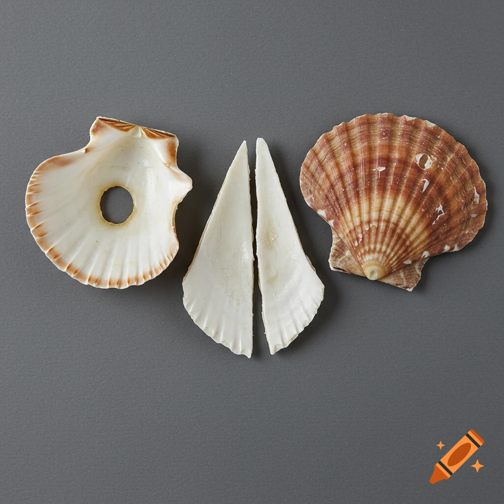 Three scallop shells on a grey background, one with a hole, one broken in half, and one chipped.