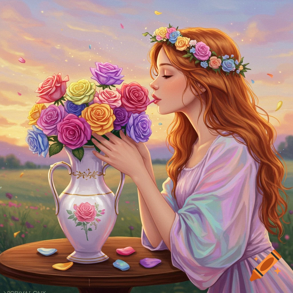 A young woman smelling colorful roses in a vase outdoors at sunset.