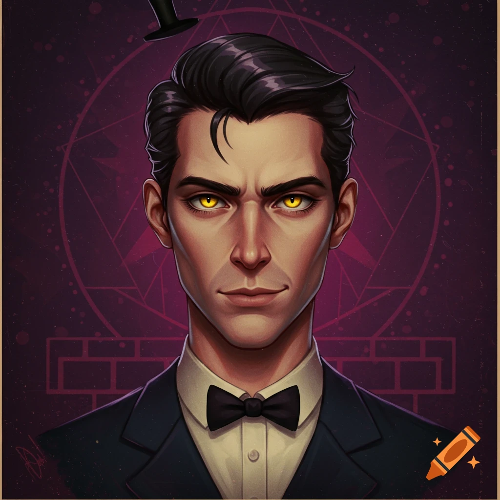 Stylized portrait of a man with bright yellow eyes, wearing a suit and bow tie, against a geometric purple background.