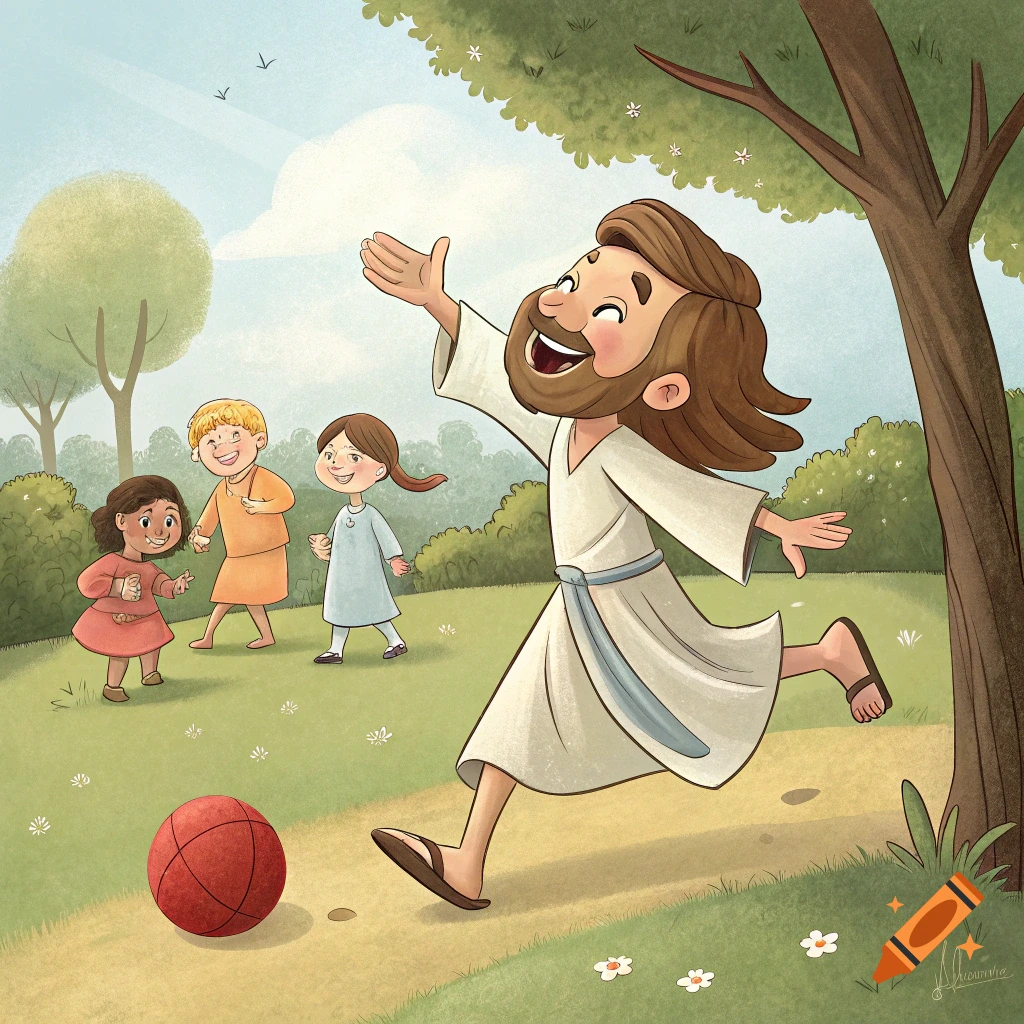 Illustration of Jesus playing kickball with children in a park.