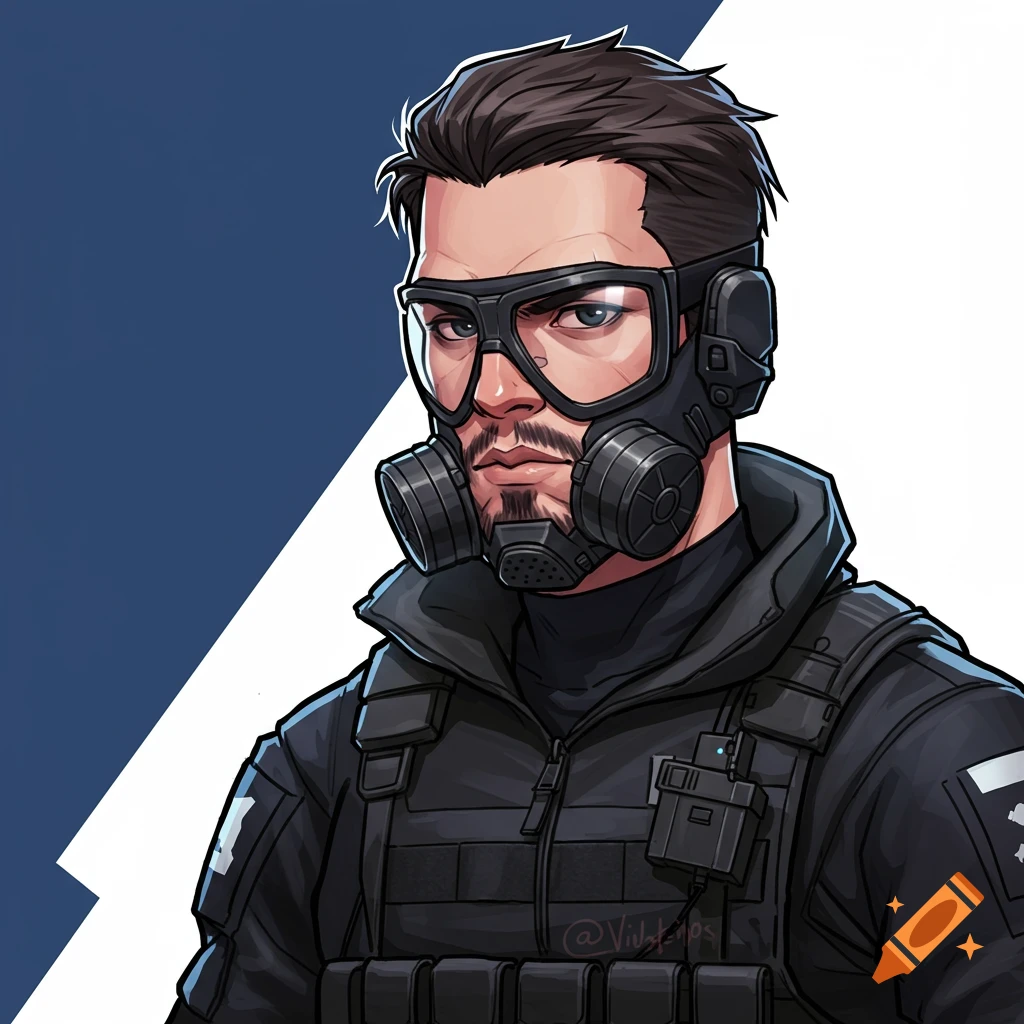 Illustration of a man with goggles, gas mask, and tactical gear.