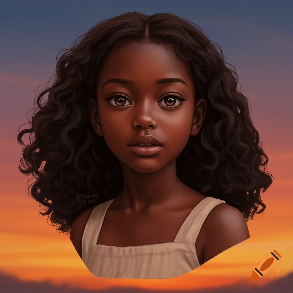 Portrait of a young Black girl with curly hair against a sunset sky.