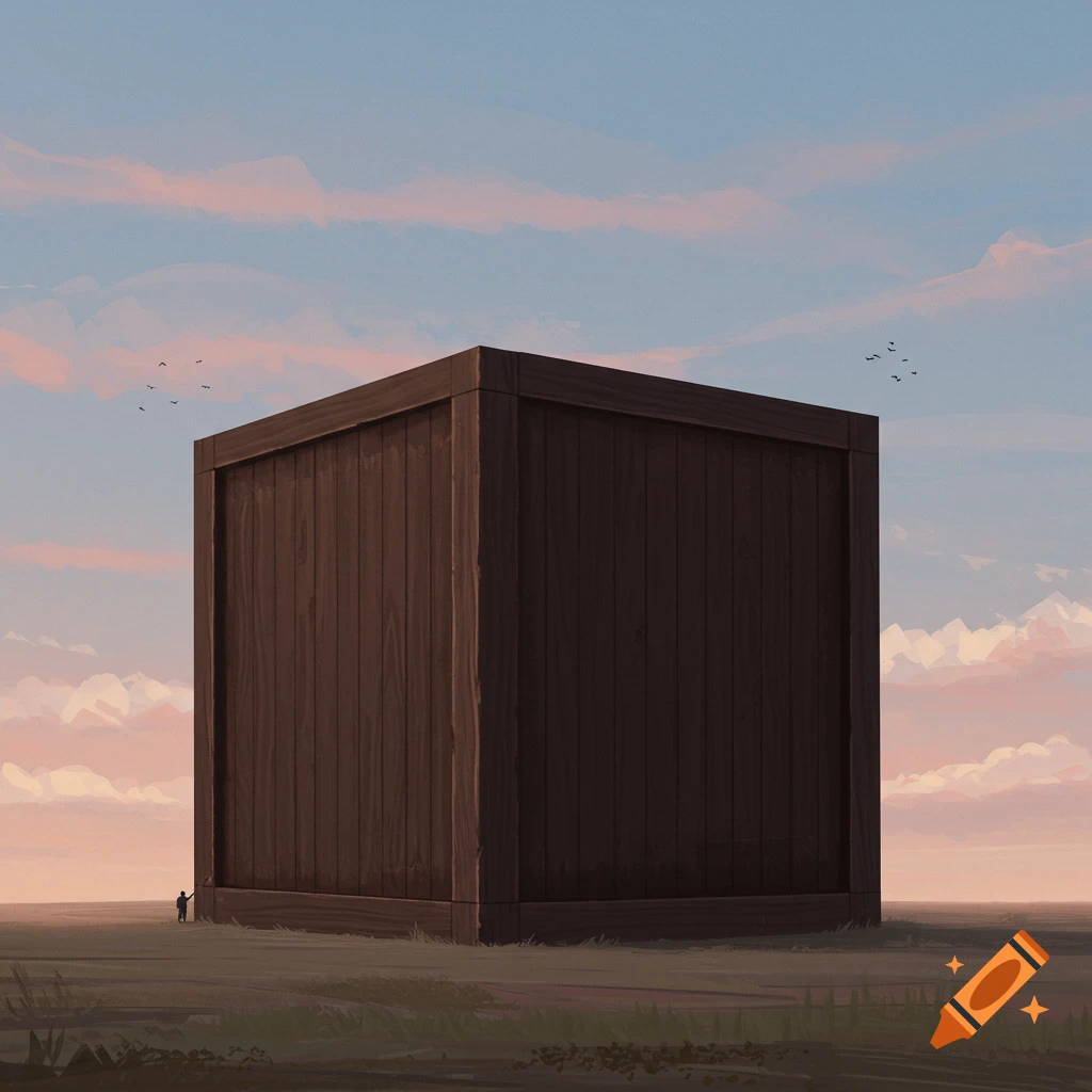 a tiny figure next to a giant wooden box in a landscape under a cloudy sky.