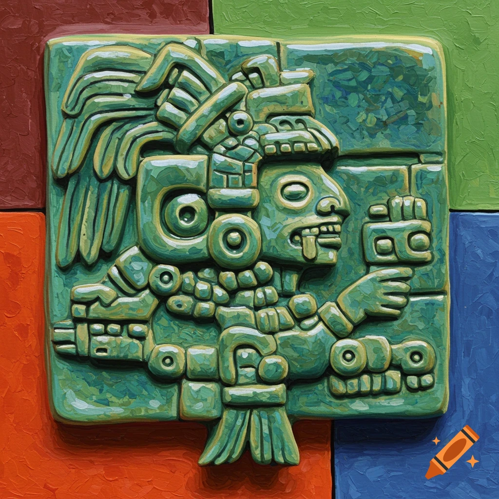 A green relief carving of a Mayan figure on a background of colorful blocks.