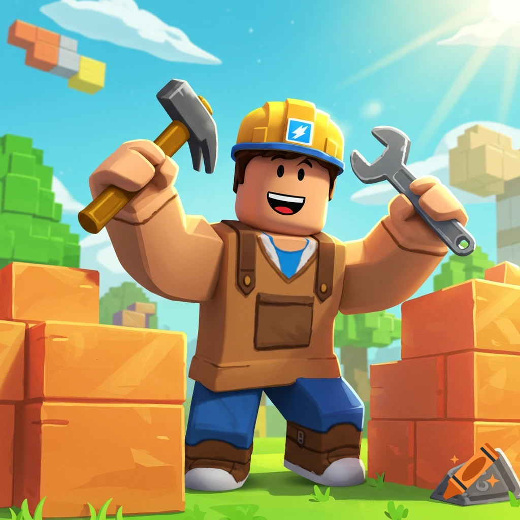 Roblox style character in hard hat holding hammer and wrench near orange blocks