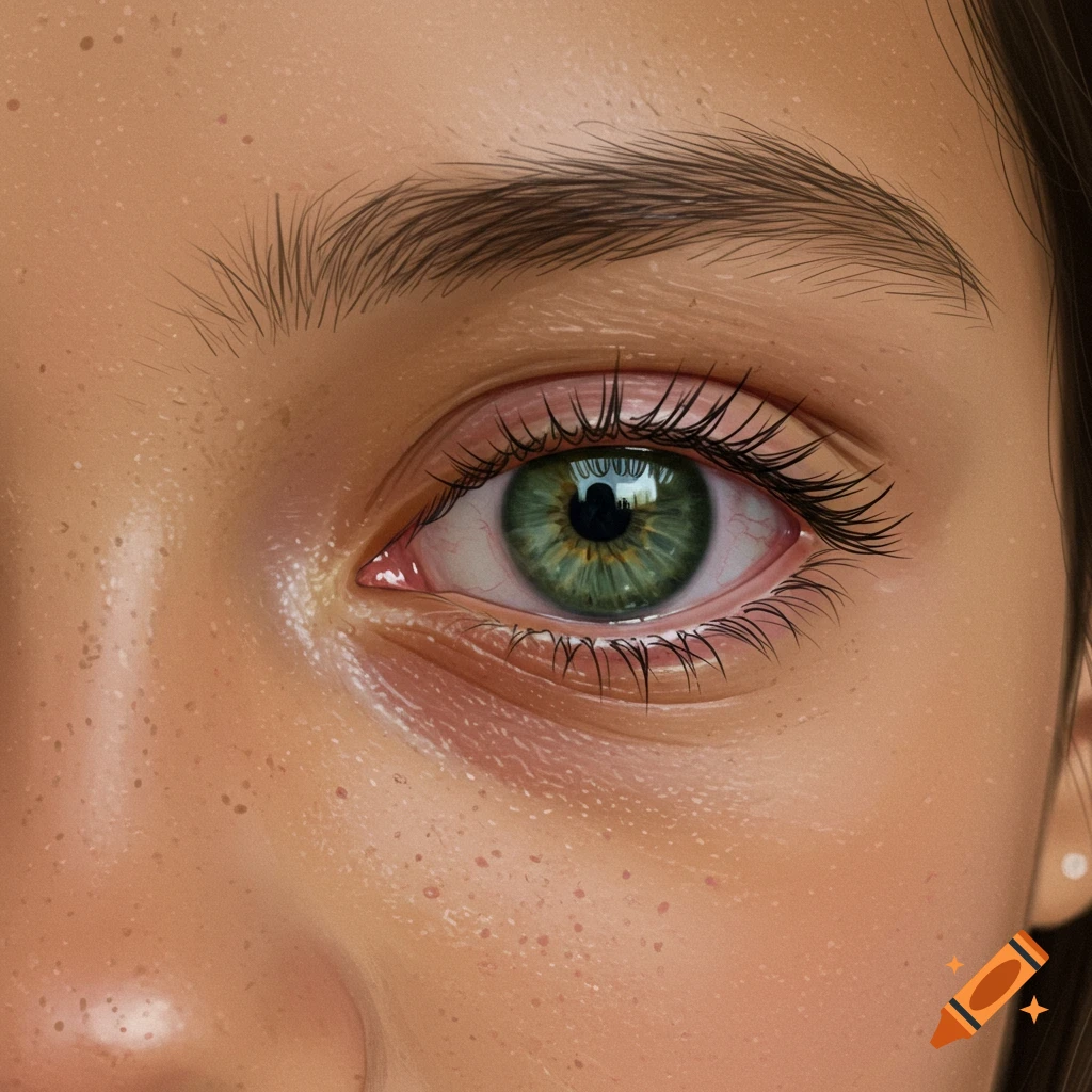 Close-up of a green eye with detailed eyelashes and skin texture.