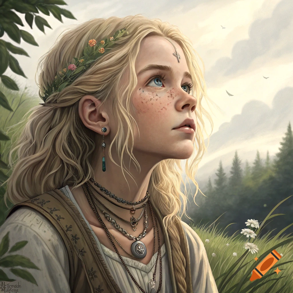 Portrait of a blonde woman with freckles and flower crown looking up in a field.