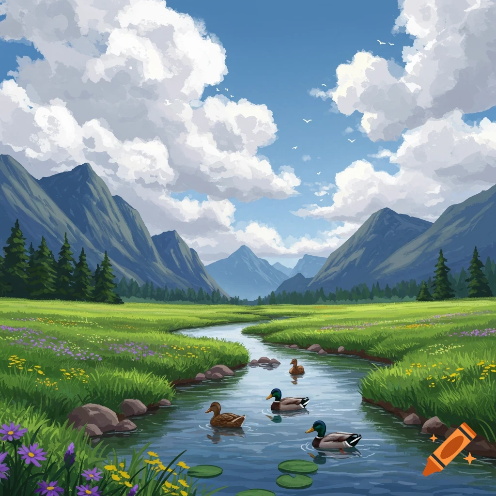 A stream winds through a grassy field towards mountains under a blue sky. Several ducks swim in the stream.