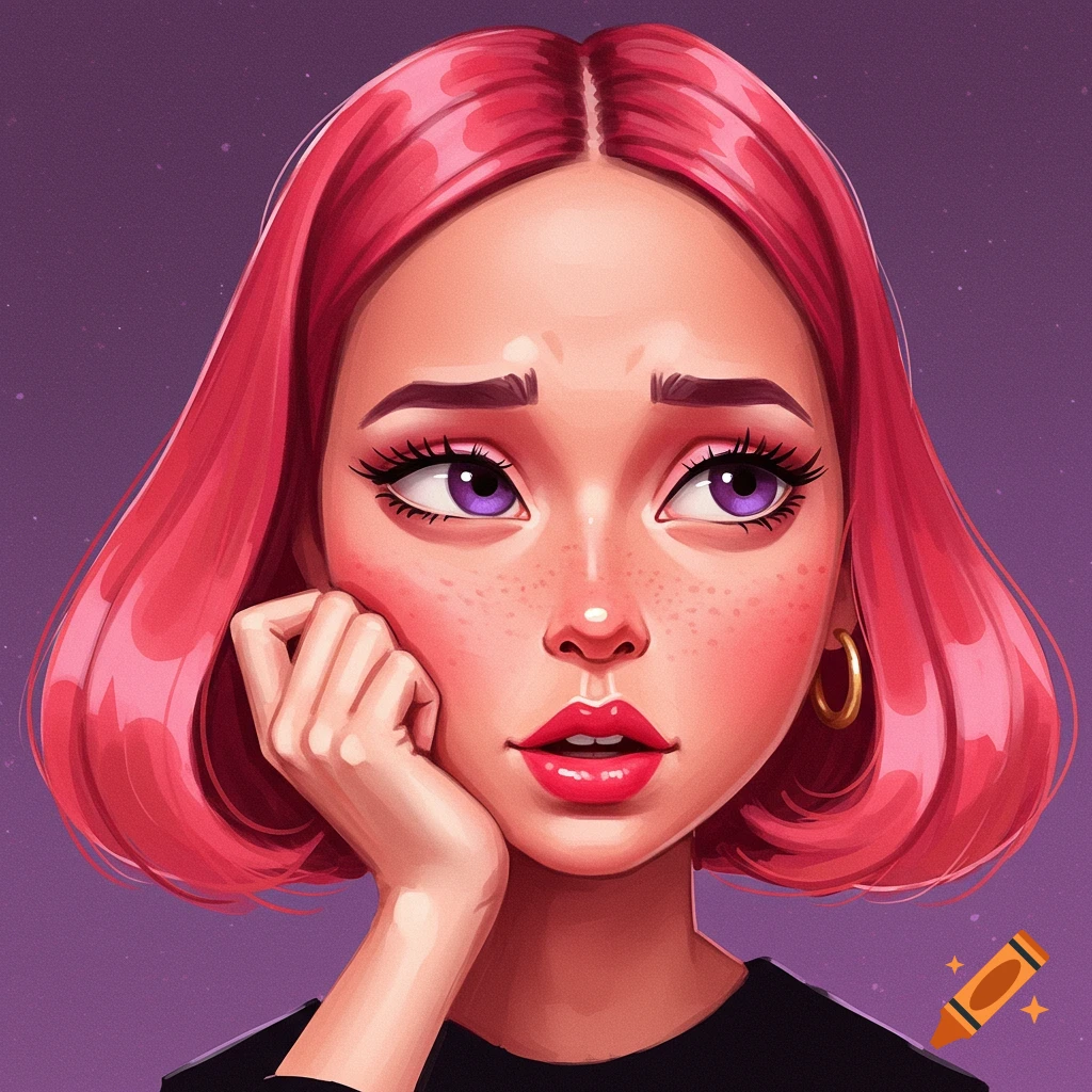 Digital illustration of a woman with pink hair and purple eyes resting her head on her hand