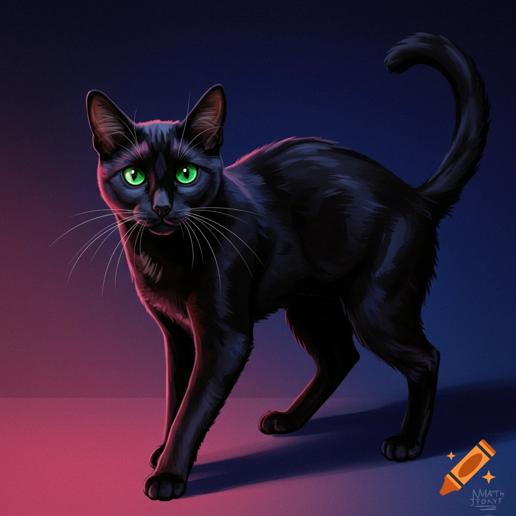 A black cat with green eyes in dramatic lighting