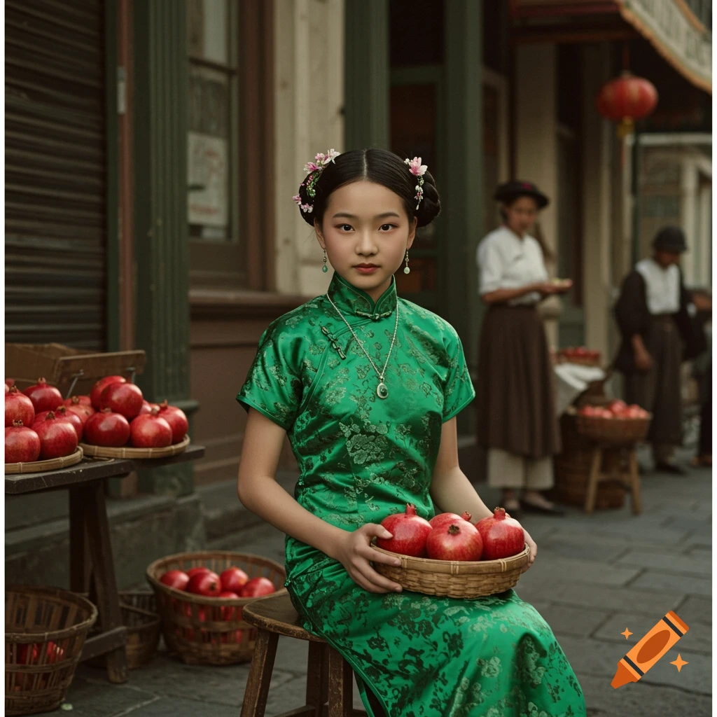 A girl in a green cheongsam sits on a stool holding pomegranates in a vintage street market scene.