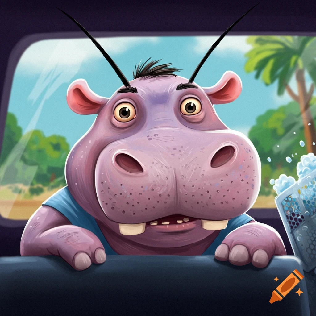 a cartoon hippo looking out from a vehicle.