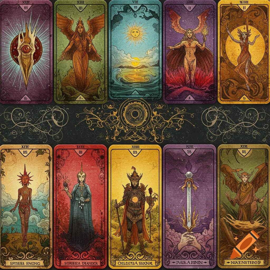 A grid of stylized tarot cards featuring mystical figures, symbols, and landscapes.