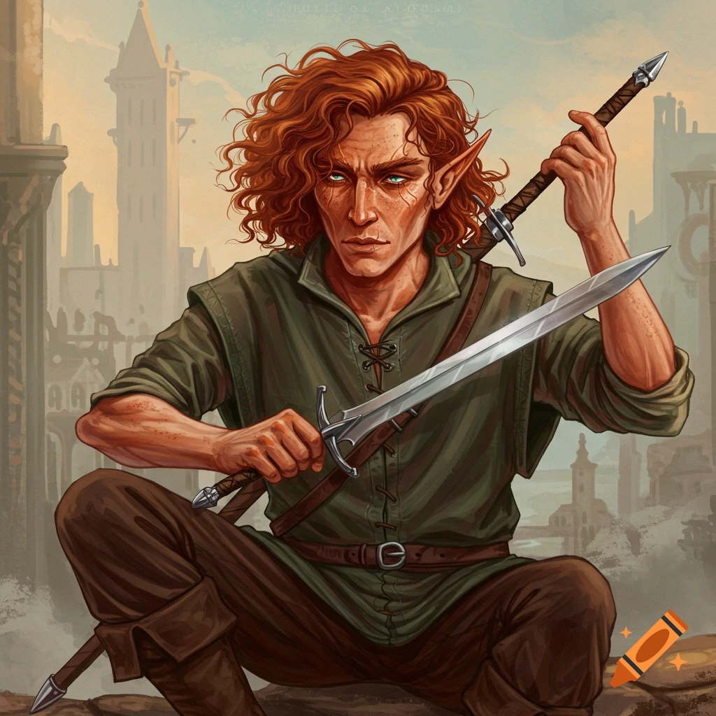 A red-haired half-elf character is holding two swords, with buildings in the background.