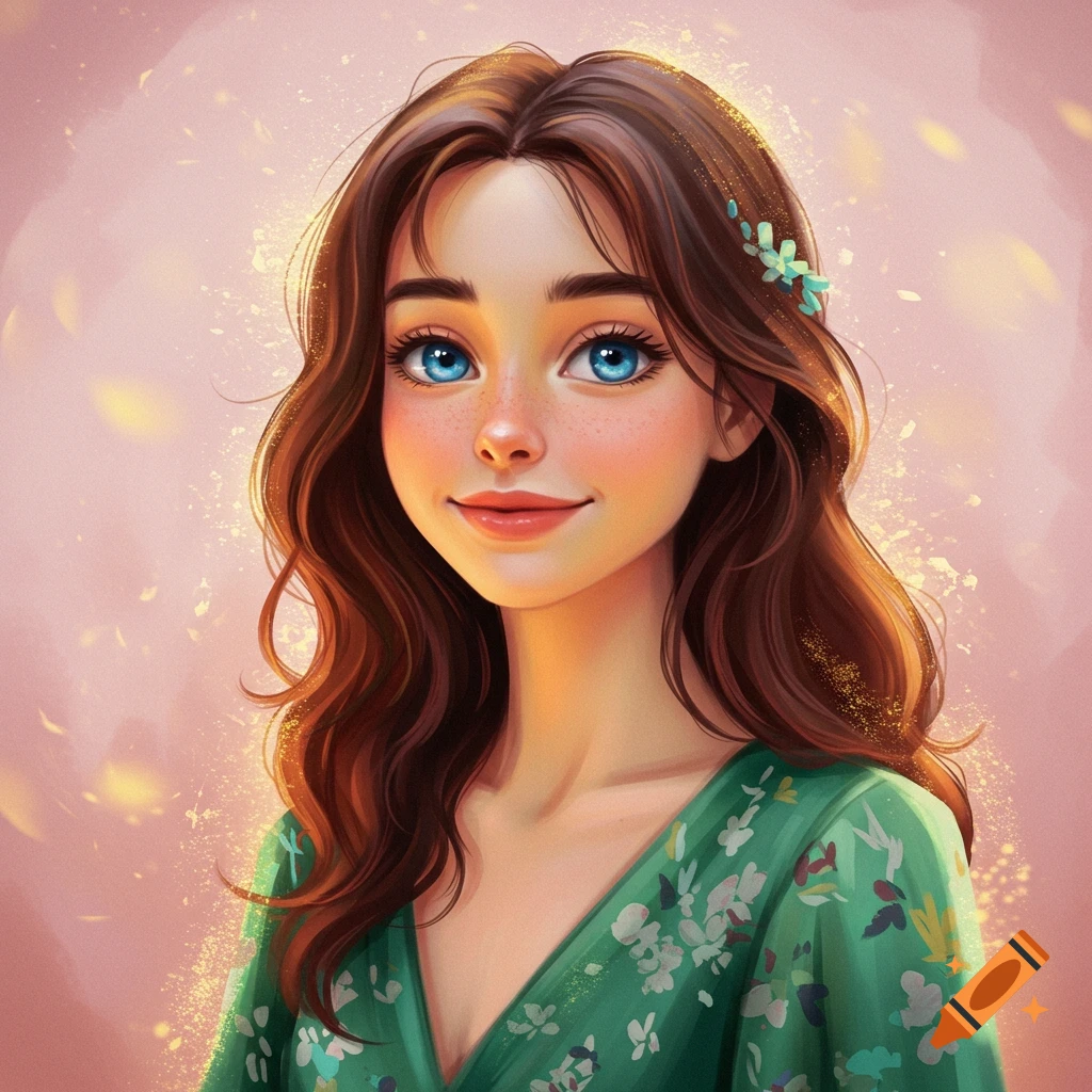 Portrait of a smiling young woman with brown hair, blue eyes, and freckles, wearing a green floral dress.