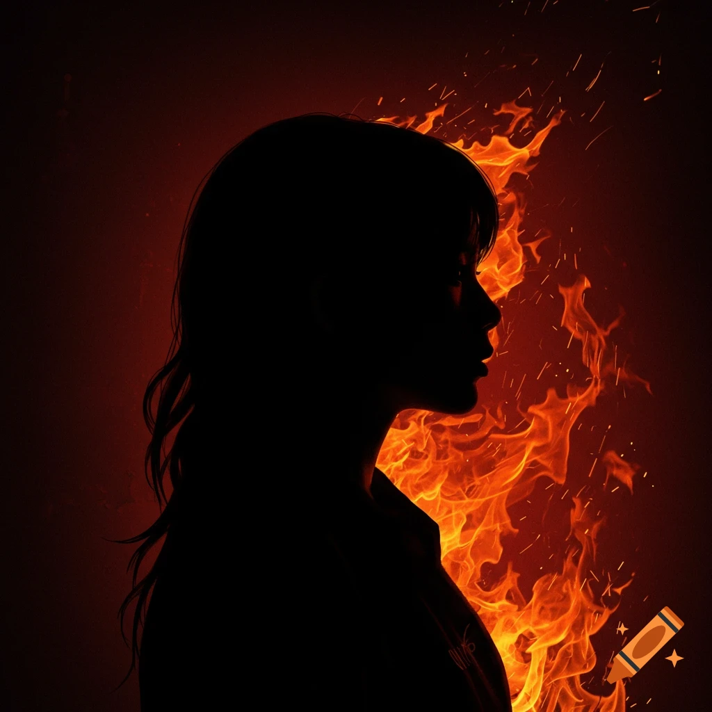 A black silhouette of a person with fire around them