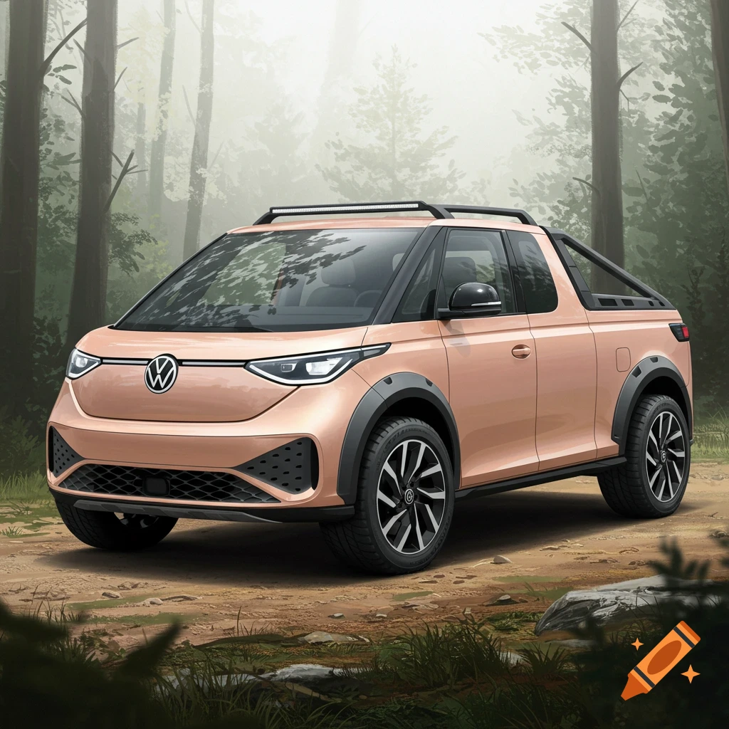 Soft orange modified Volkswagen ID. Buzz pickup truck on a forest trail.