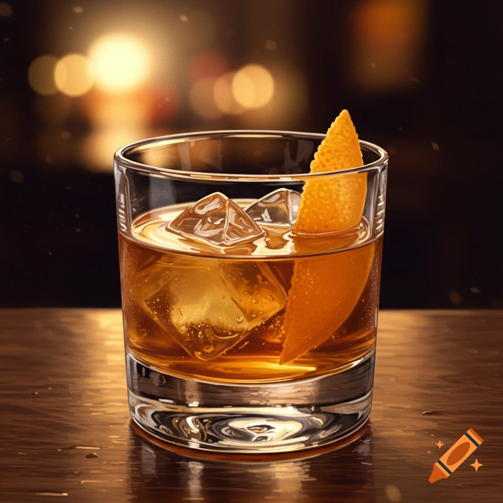 Close-up of an Old Fashioned cocktail with ice and orange peel on a wooden table.