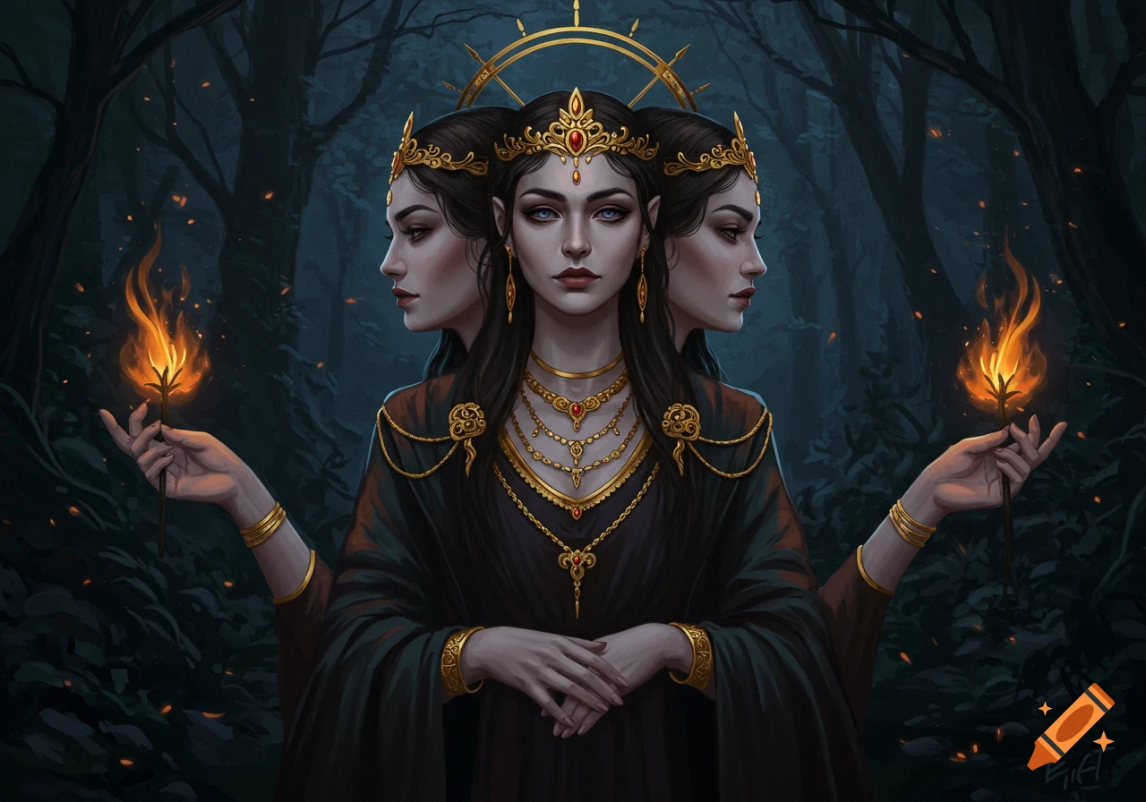 A three-faced woman is in a dark forest, wearing a dark robe and gold jewelry, holding two burning sticks.