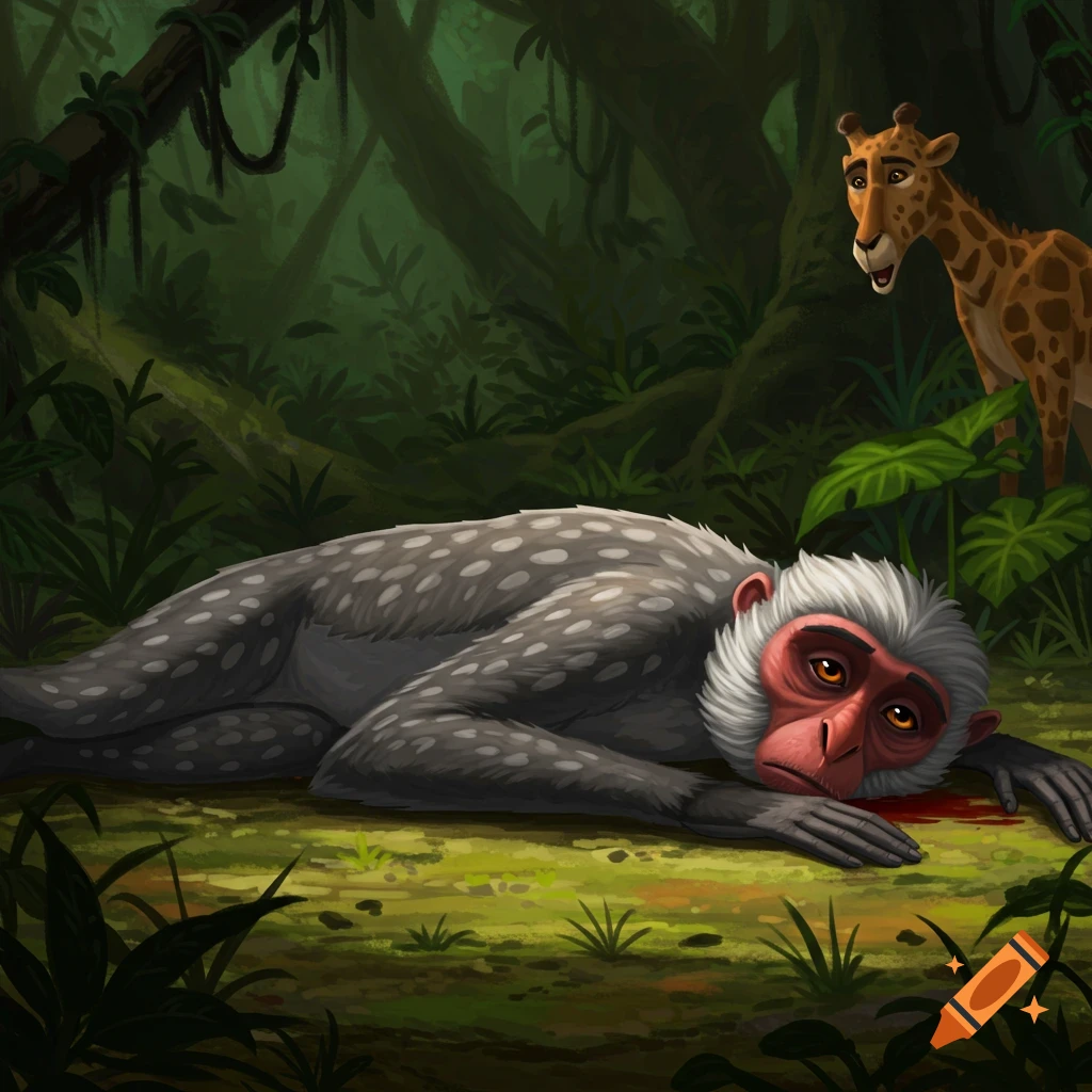 Illustration of a dead monkey lying on the ground in a jungle with a giraffe watching.