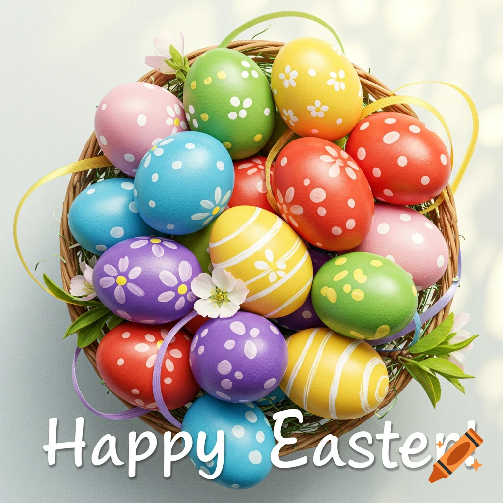 A basket filled with colorful, patterned Easter eggs and greenery, with Happy Easter! text.