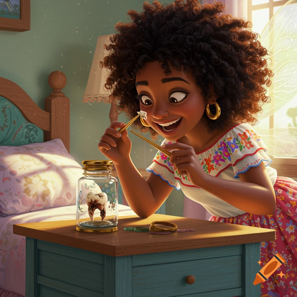 Whimsical illustration of a fairy examining a rotten tooth in a jar on a nightstand in a bedroom.