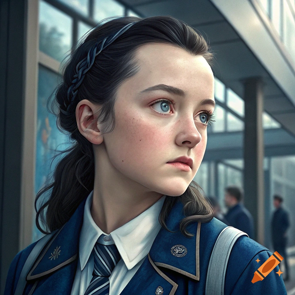 Photorealistic portrait of a young female in a blue school uniform with a tie, looking away.