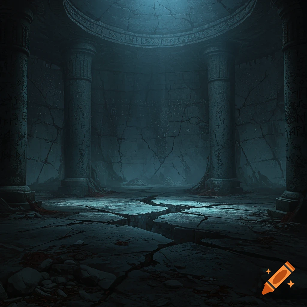 A dark underground stone chamber with large pillars, a cracked floor, rubble, and faint runes on the walls, lit by a central light source.