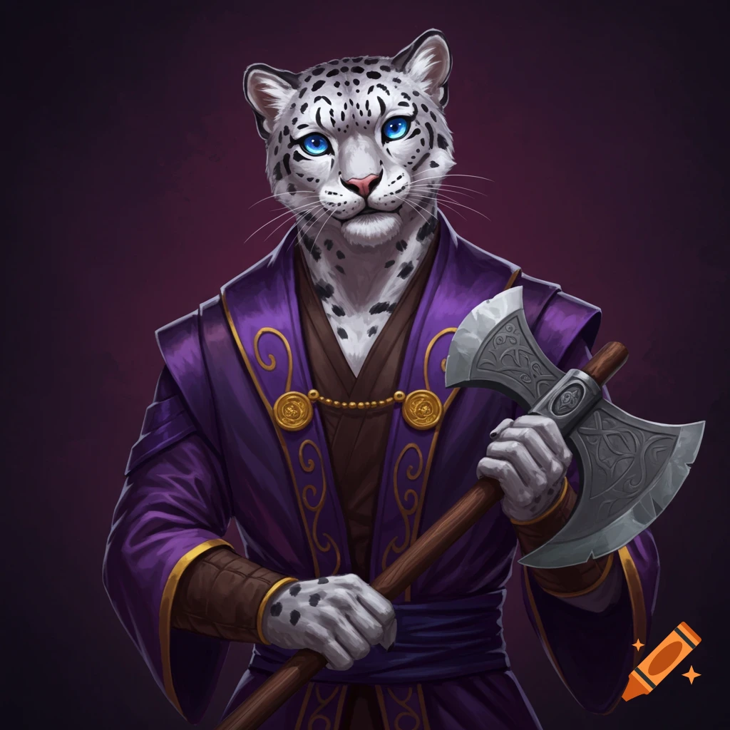 A humanoid snow leopard in purple robes holding a battle axe.