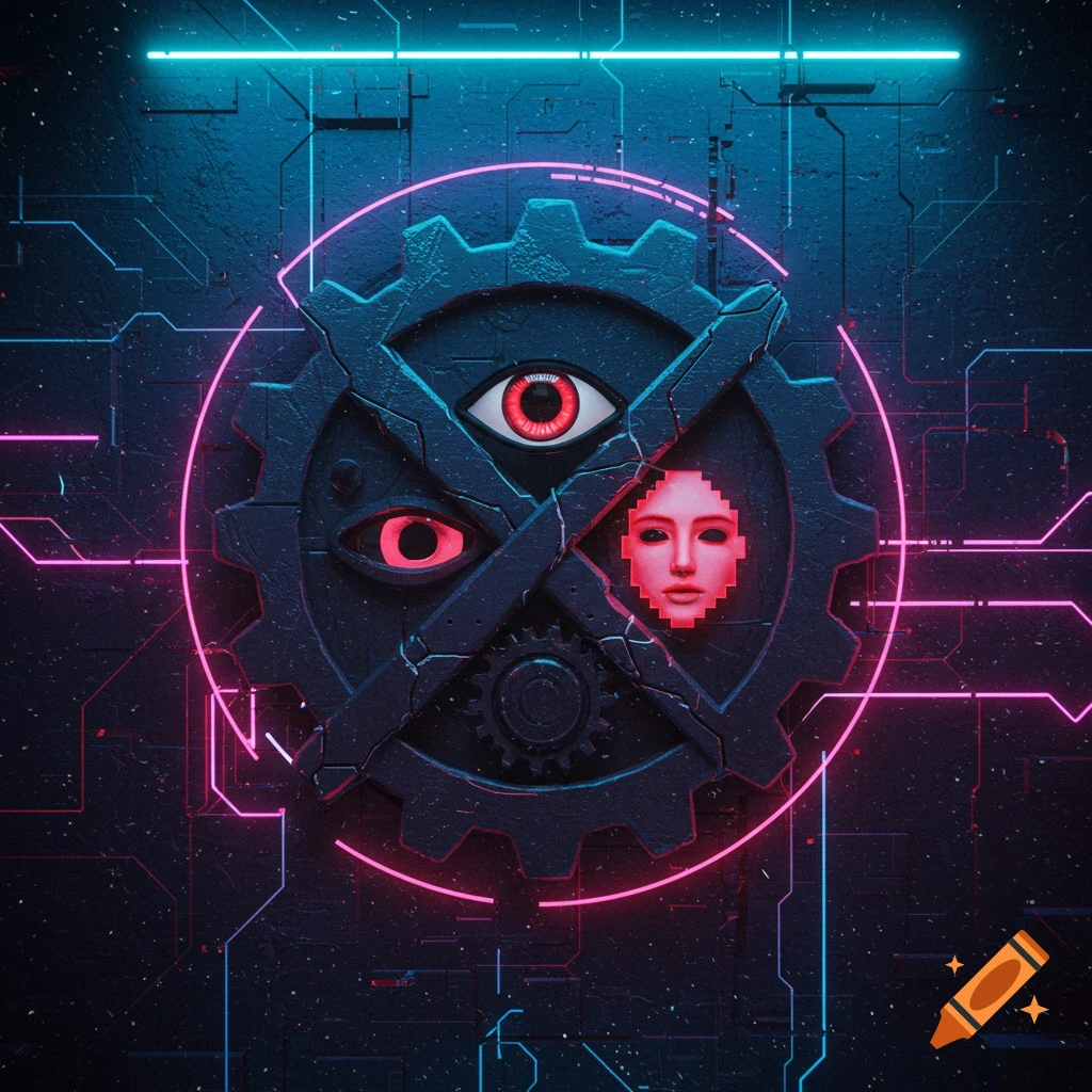 Digital art of a dark gear symbol with red eyes and a pixelated face, surrounded by glowing neon lines on a dark tech background.