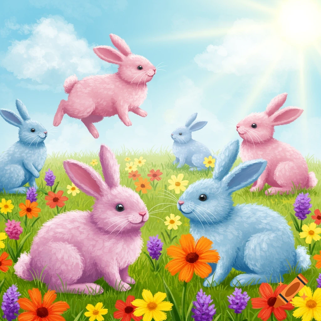 Pink and blue Easter bunnies in a sunny field with colorful flowers.