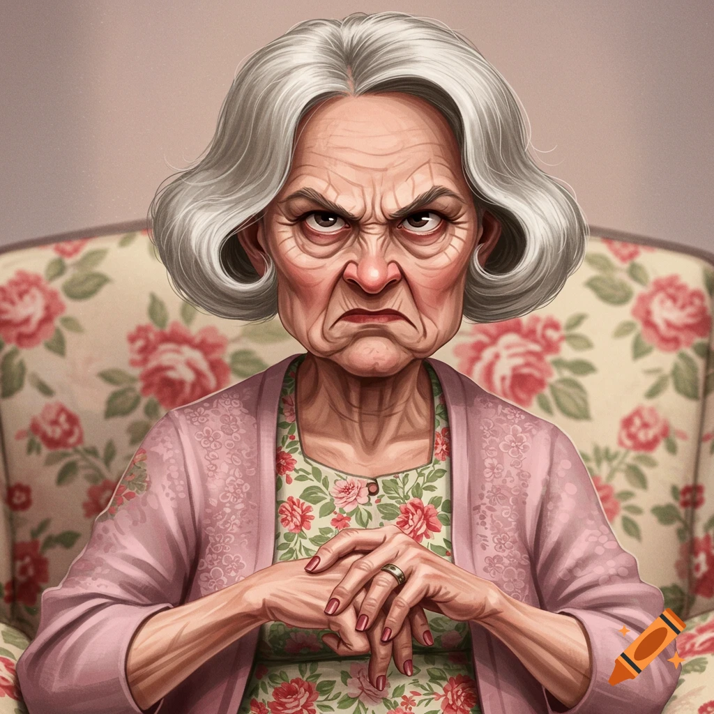 Portrait of a grumpy old woman sitting in a floral armchair.