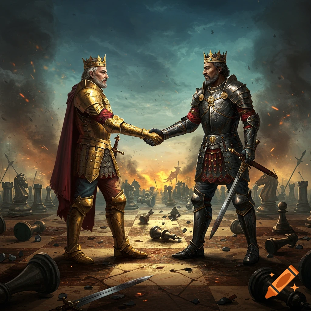 Two kings shaking hands on a chaotic chessboard battlefield with fallen pieces and fire under a stormy sky.