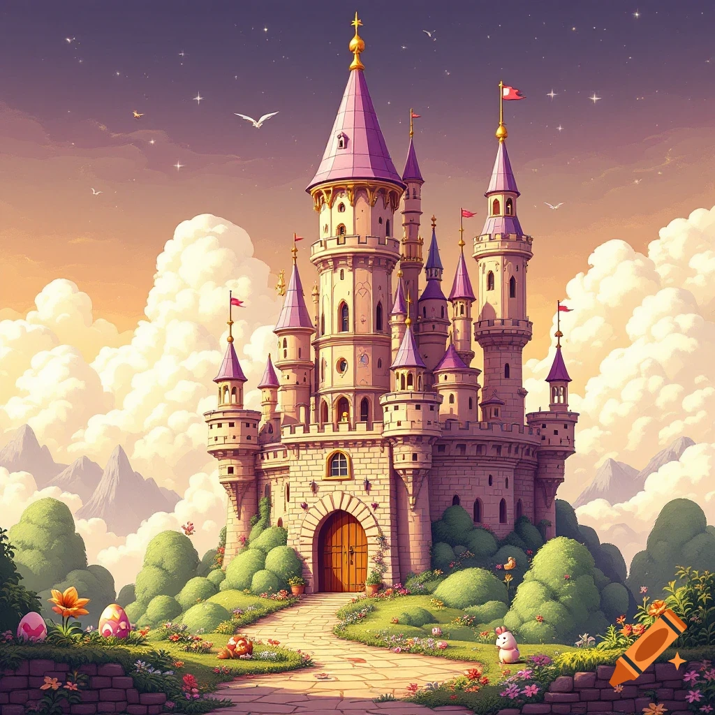 Pastel fantasy castle at sunset with Easter eggs and a bunny in a garden.