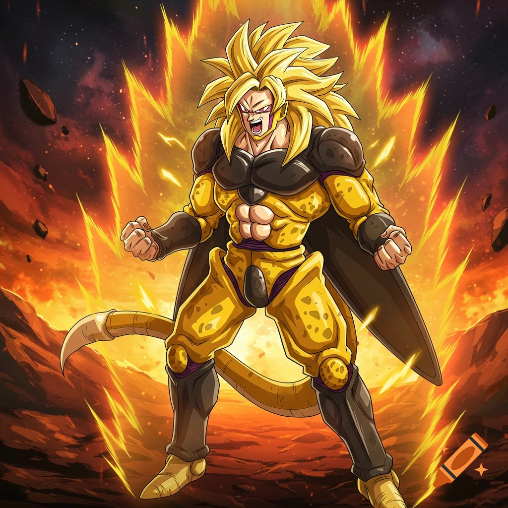 Anime character resembling Super Saiyan Cell in power pose with energy effects in fiery landscape.
