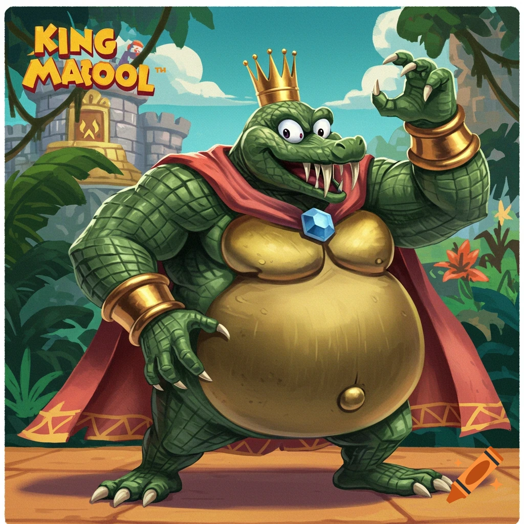 King K. Rool, a large alligator villain with crown, cape, and gold armor, in a jungle.