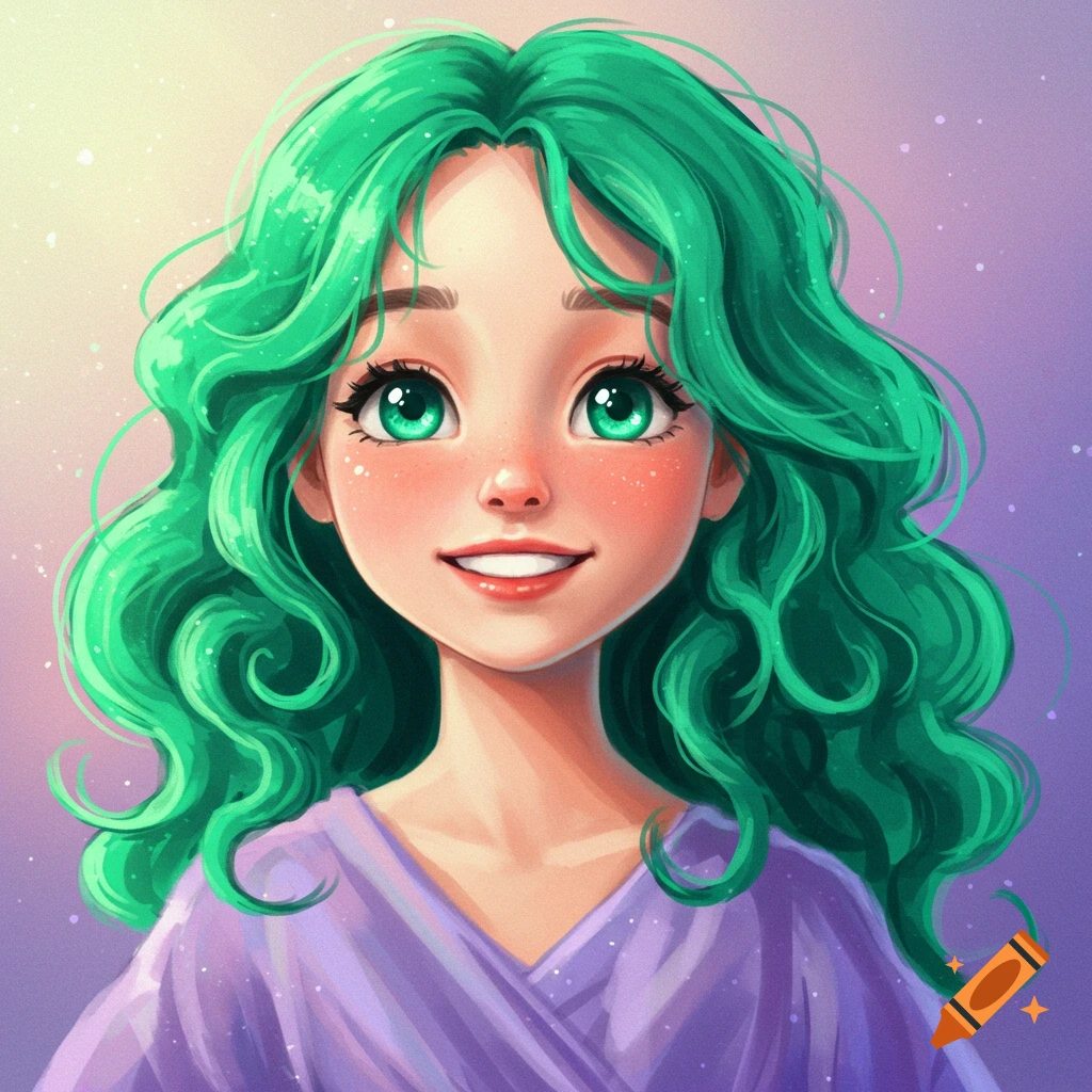 A girl with bright green hair and big eyes is smiling.