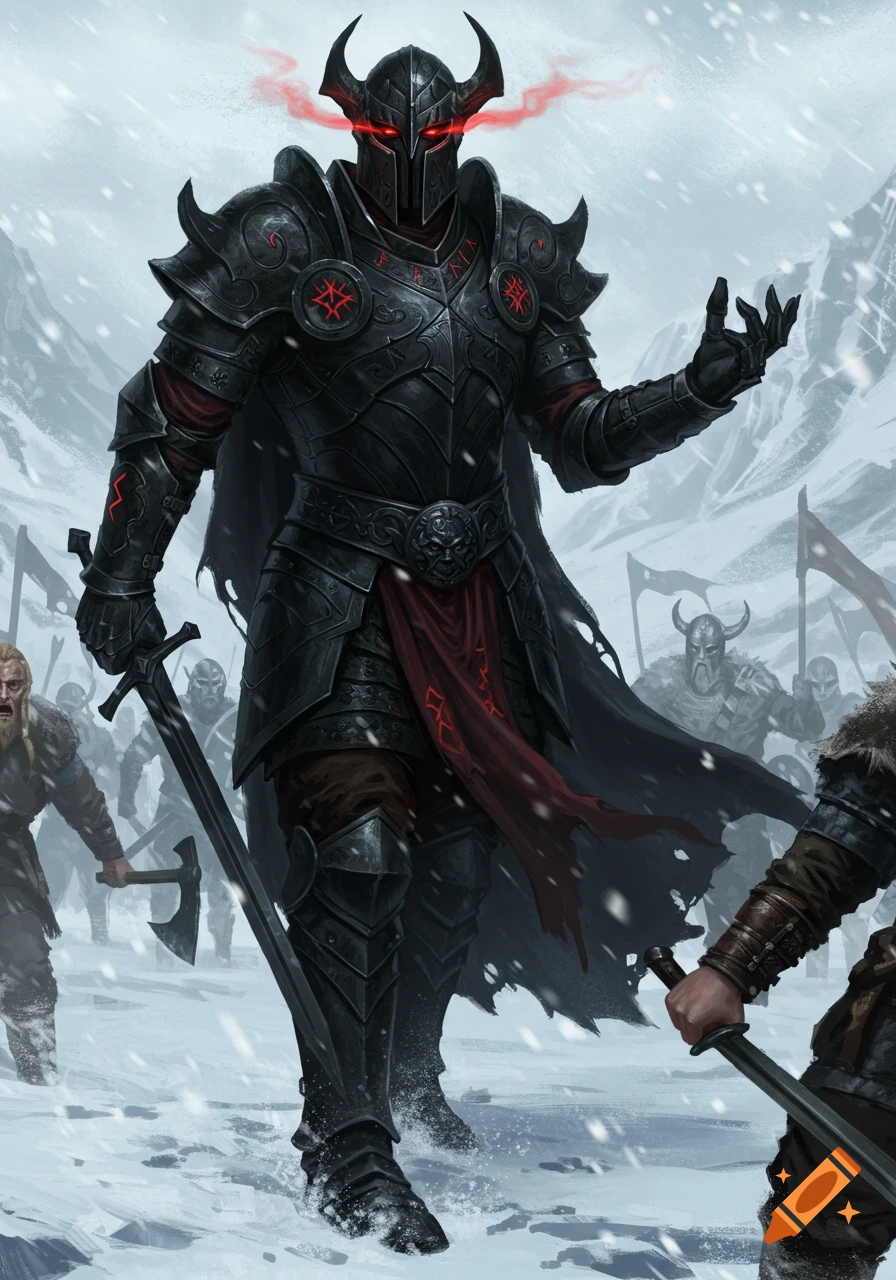 A black-armored knight with red eyes confronts vikings in a snowy mountain pass.
