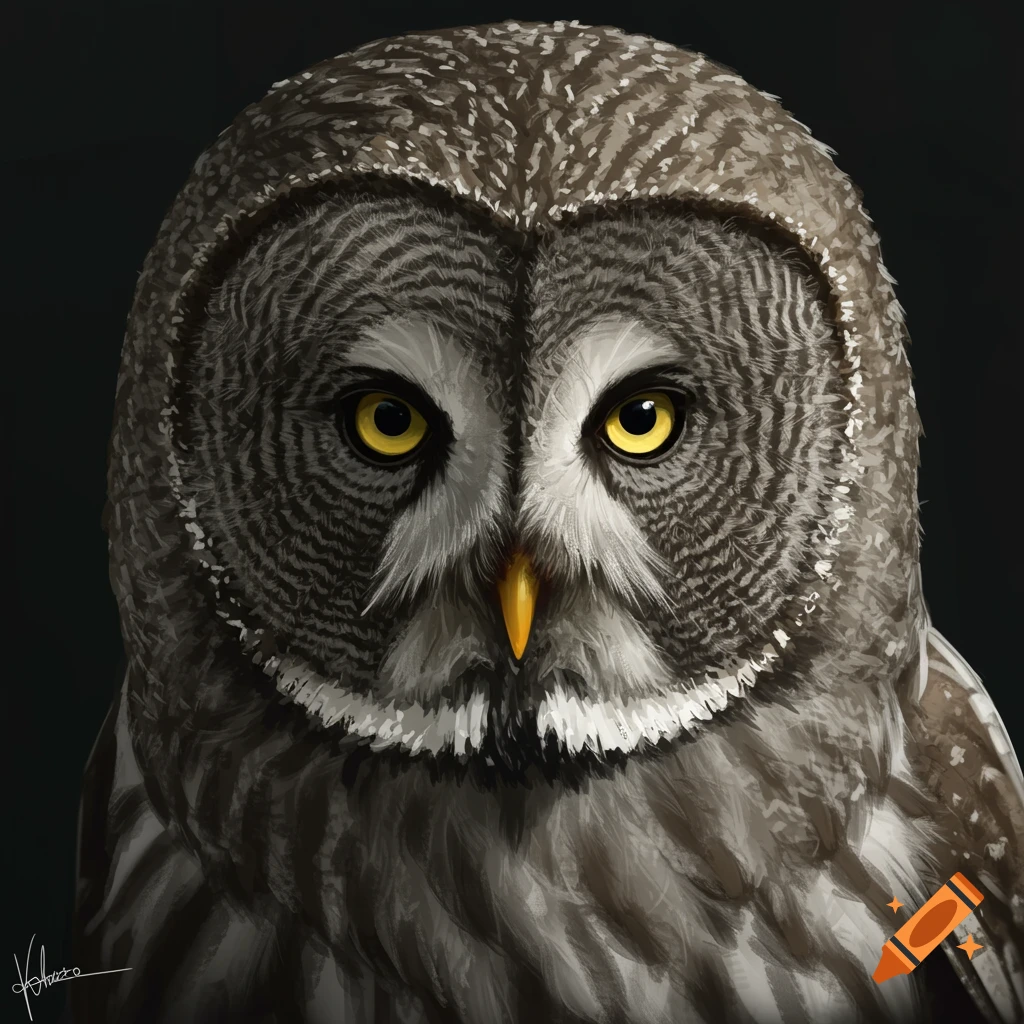 A close-up of a grey owl with intense yellow eyes looking forward.