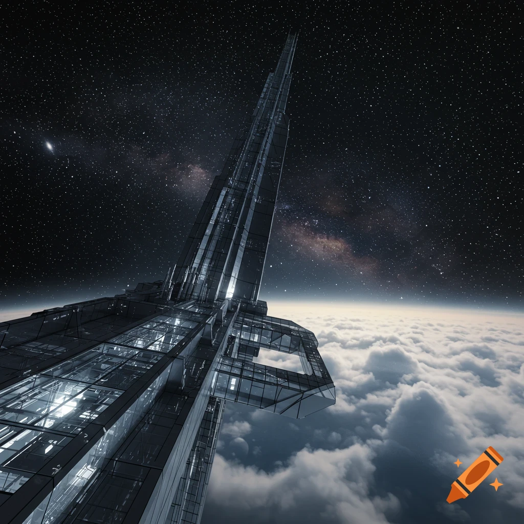 A hyperrealistic futuristic tower extends upwards from above the clouds towards space and stars.