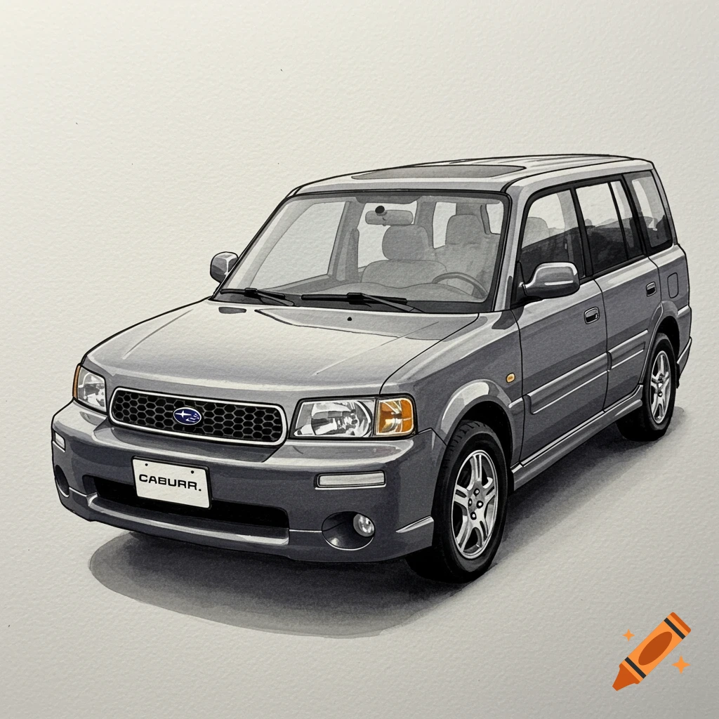 Drawing of a gray car, possibly a Subaru Baja, viewed from an angle.