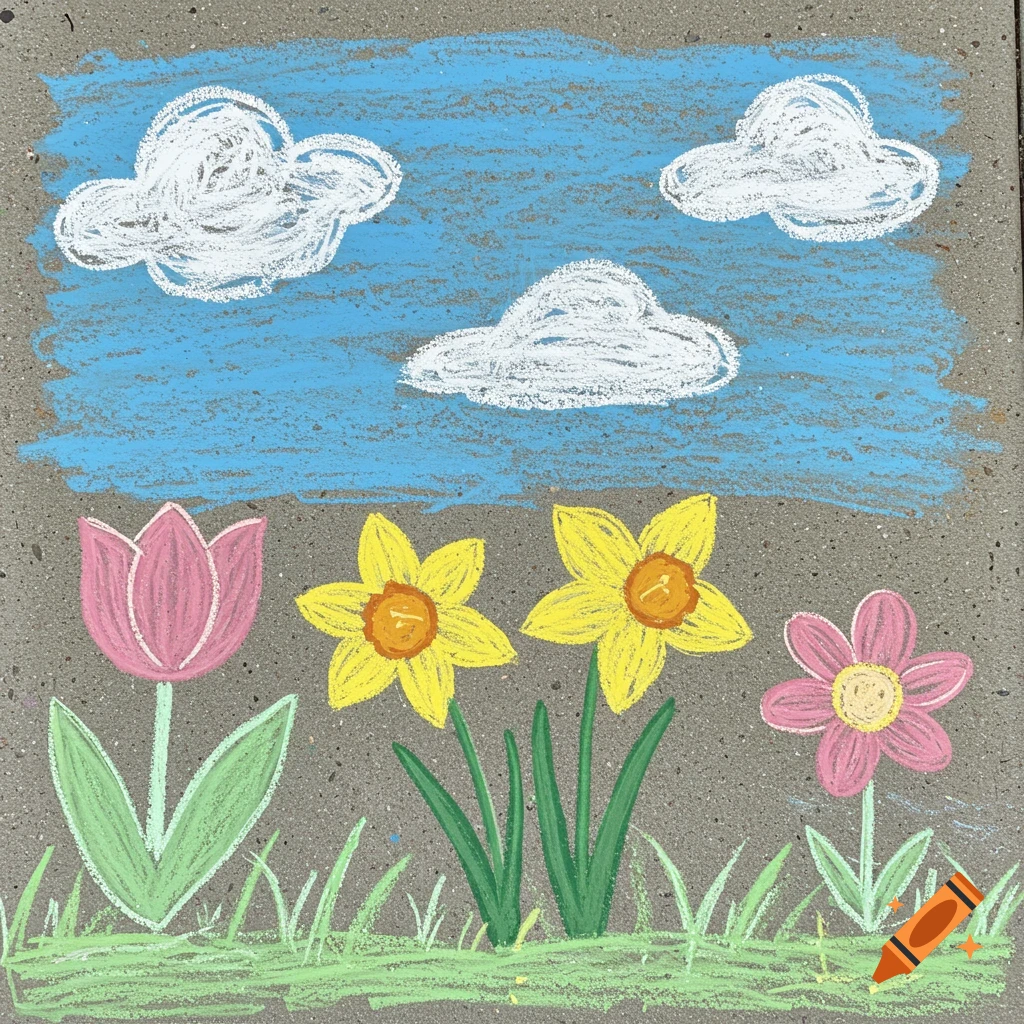 A colorful chalk drawing of a spring scene on concrete, showing flowers, grass, a blue sky, and clouds.
