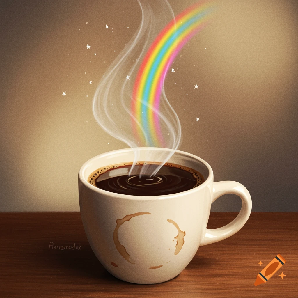 A cup of coffee with steam transforming into a rainbow.