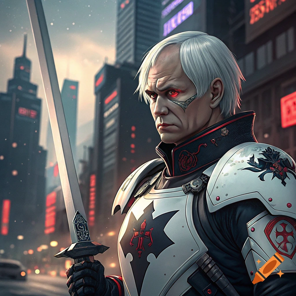 Man in futuristic white armor with a sword stands in a cyberpunk city.