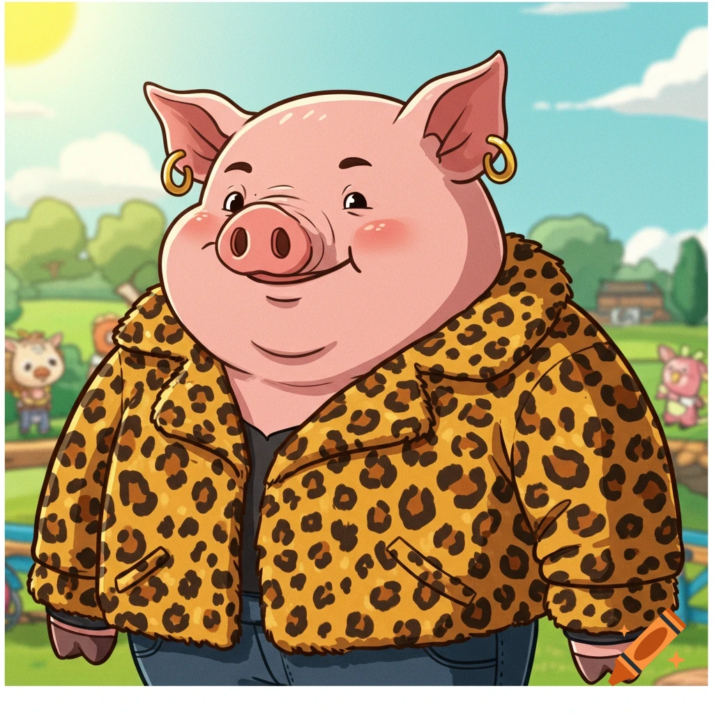 A cartoon pig wearing a leopard print jacket and jeans stands in a farmyard.