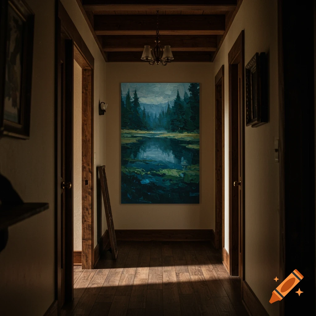A painting of a forest landscape hangs at the end of a hallway in a home.