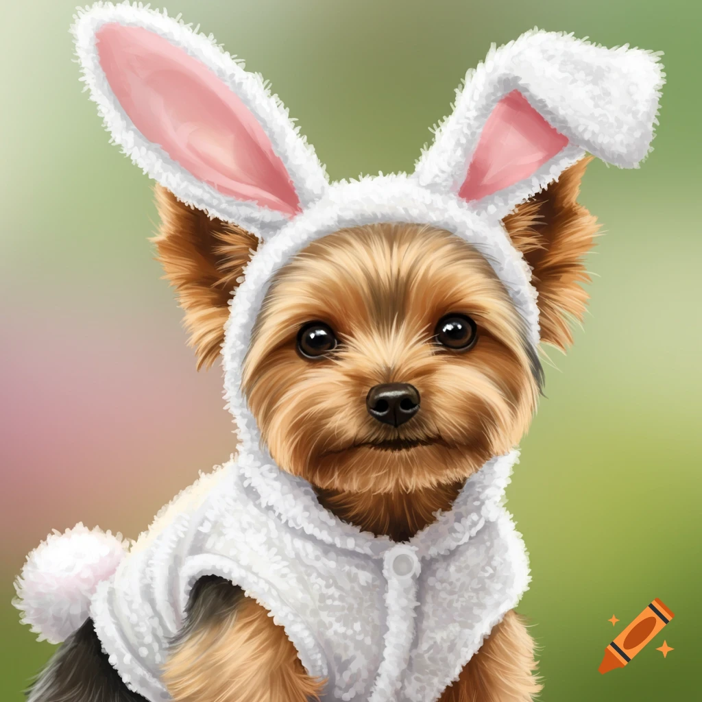 A Yorkshire Terrier dog in a fluffy white Easter bunny costume