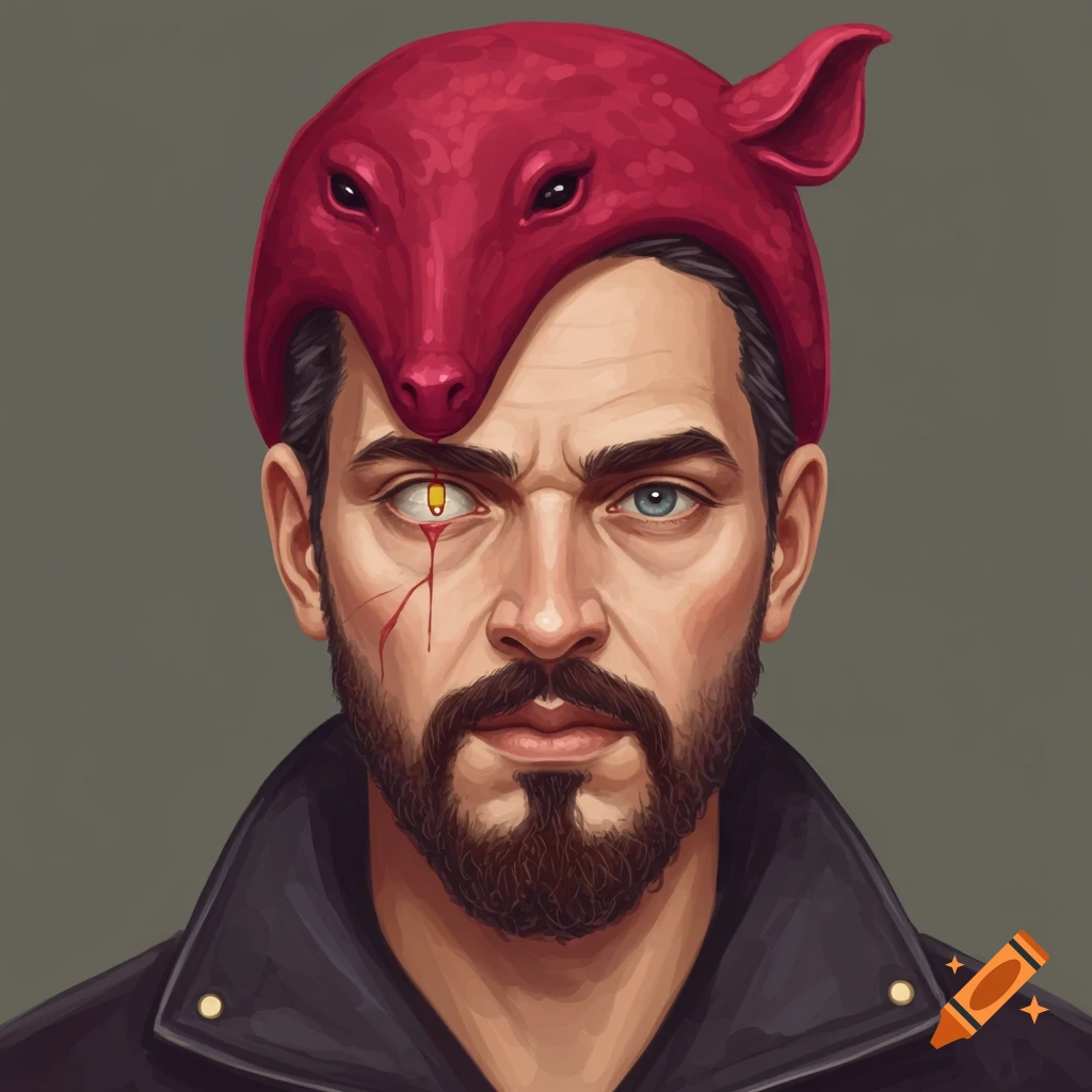 A man with a beard, red animal hat, and injured eye.